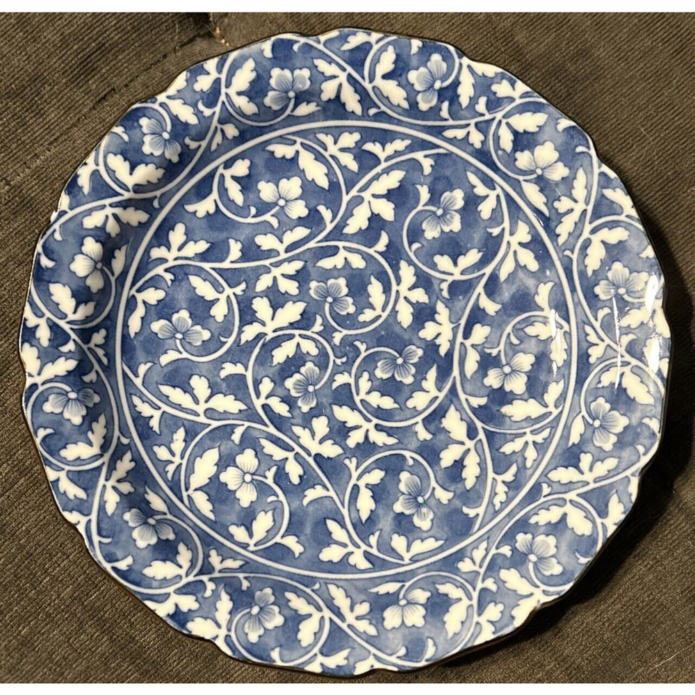 Vintage Takahushi Japanese Ceramic Plate Decorative Flower Design Blue White
